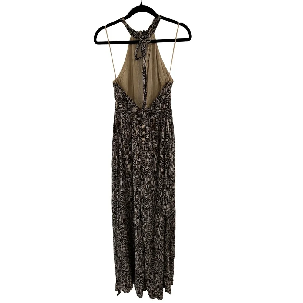 Free People Black Tan Abstract Print Halter Wide Leg Jumpsuit Open Back XS